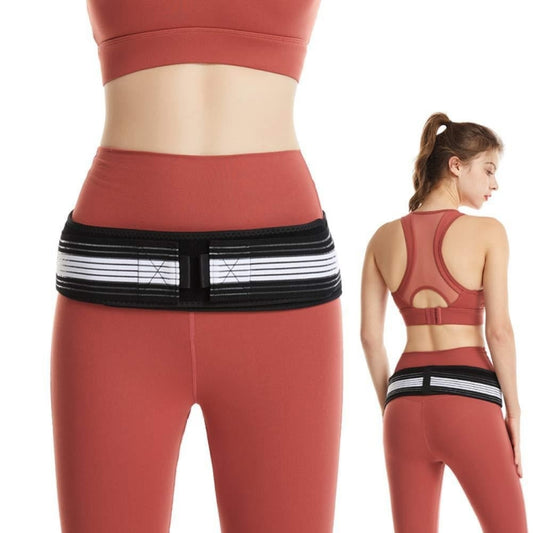 Postpartum pelvic correction belt in rust red with black striped wrap and front support panel