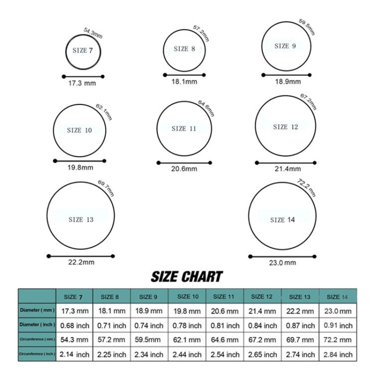 Silicone ring size chart with diameters and circumferences for sizes 7 to 14