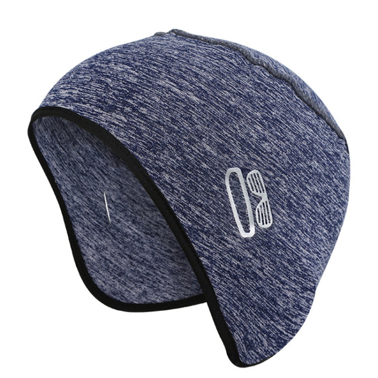 Blue heather knit winter ear-hat skull cap with cactus logo on front and black trim