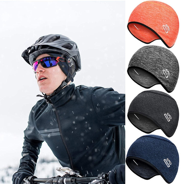 Set of three knit winter helmet lining skull caps: orange, gray, and blue