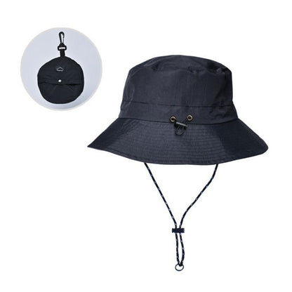 Black waterproof fisherman hat with drawstring chin strap and packable fold design