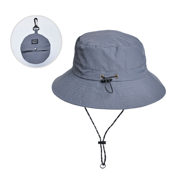Deep gray waterproof fisherman hat with drawstring chin strap and packable fold design