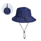 Navy waterproof fisherman hat with drawstring chin strap and packable fold design