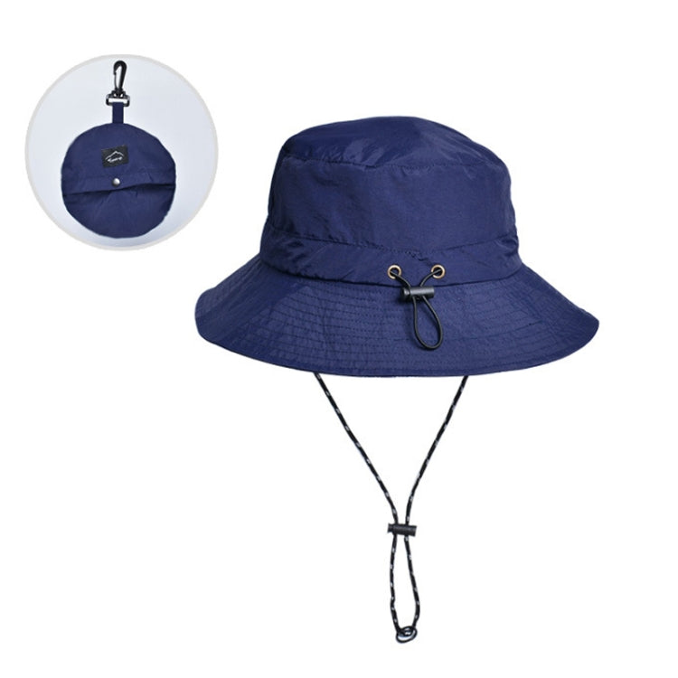 Navy waterproof fisherman hat with drawstring chin strap and packable fold design