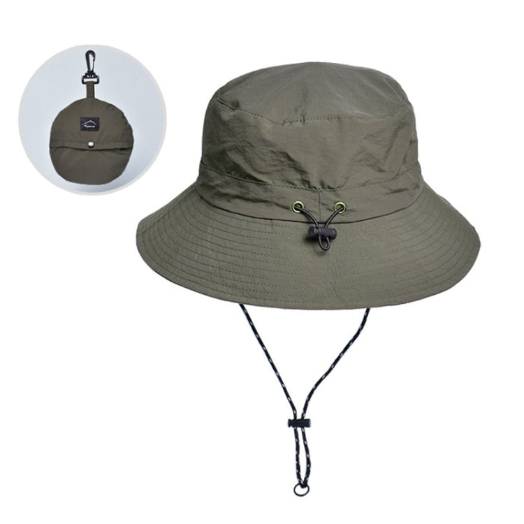 Army green waterproof fisherman hat with drawstring chin strap and packable fold design