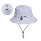 Light gray waterproof fisherman hat with drawstring chin strap and packable fold design