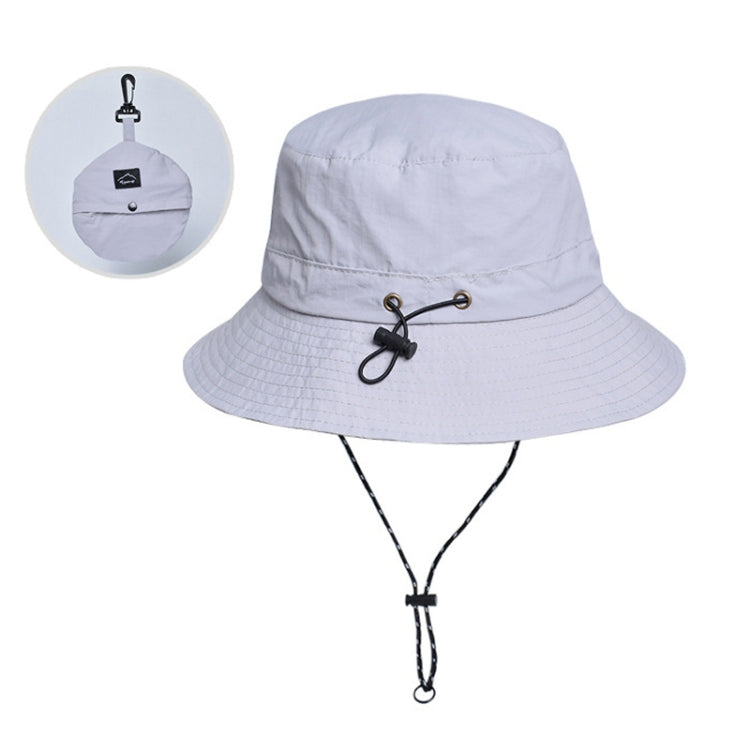 Light gray waterproof fisherman hat with drawstring chin strap and packable fold design
