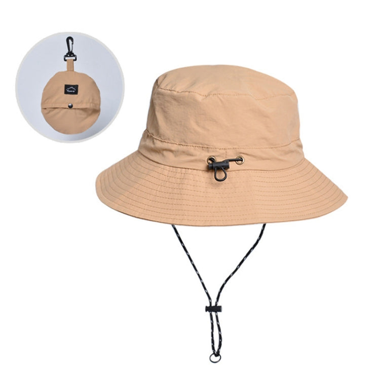 Khaki waterproof fisherman hat with drawstring chin strap and packable fold design