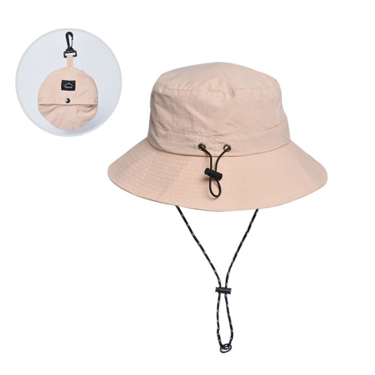 Beige waterproof fisherman hat with drawstring chin strap and packable fold design