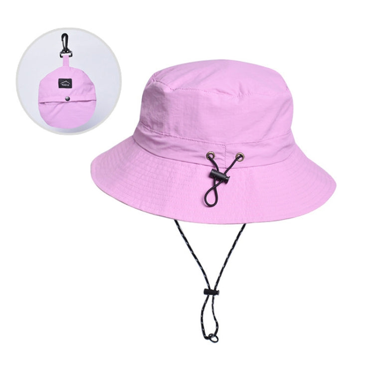 Pink waterproof fisherman hat with drawstring chin strap and packable fold design