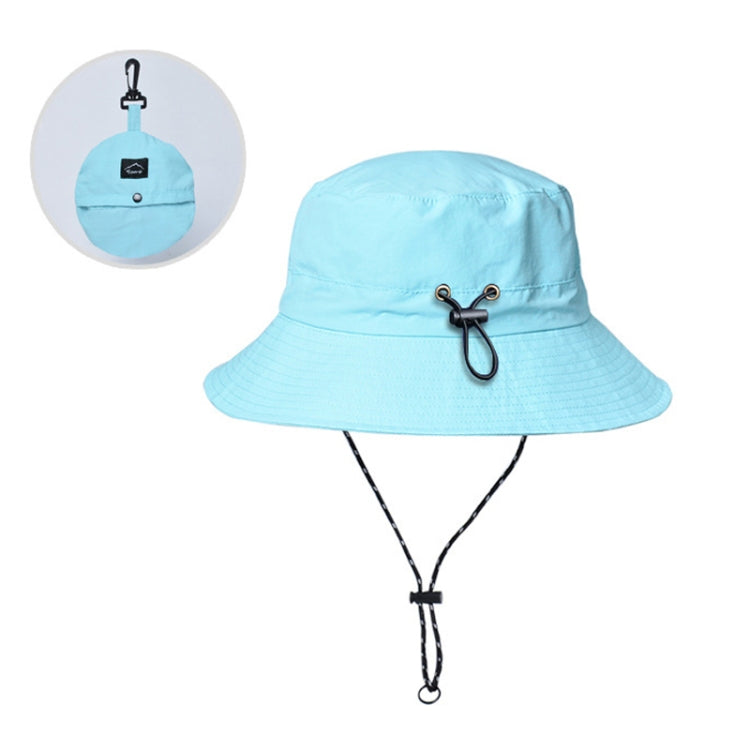 Light blue waterproof fisherman hat with drawstring chin strap and packable fold design