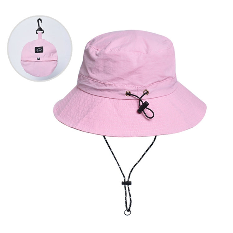 Pink waterproof fisherman hat with drawstring chin strap and packable fold design
