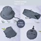 Foldable waterproof gray fisherman hat shown packed in a storage pouch