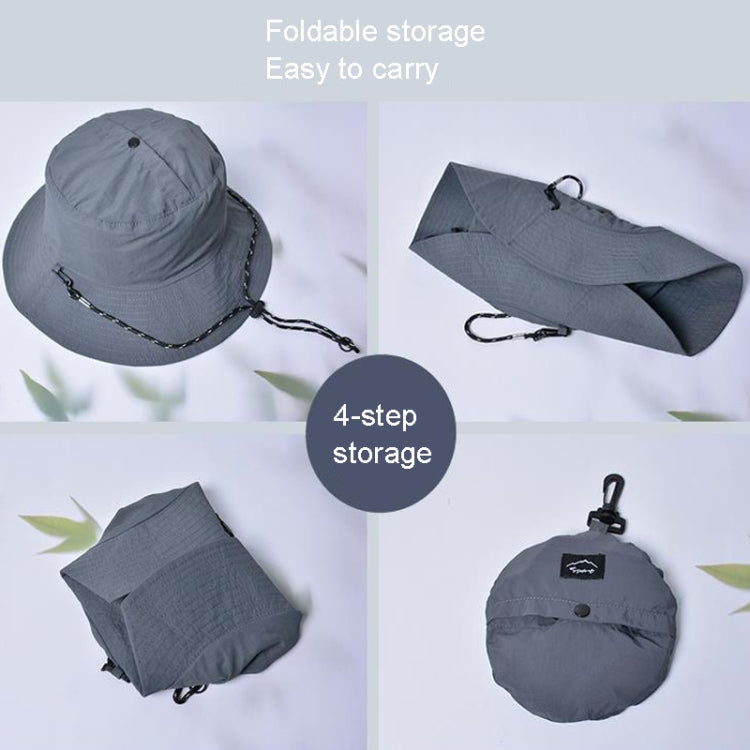Foldable waterproof gray fisherman hat shown packed in a storage pouch