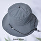 Gray waterproof fisherman hat with grommet chin cord and stitched panels