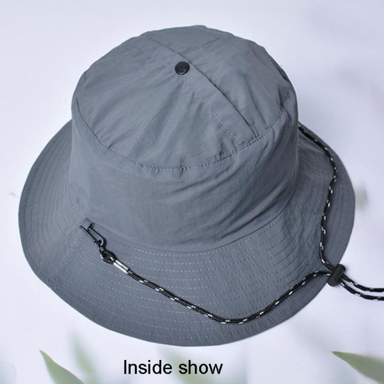 Gray waterproof fisherman hat with grommet chin cord and stitched panels
