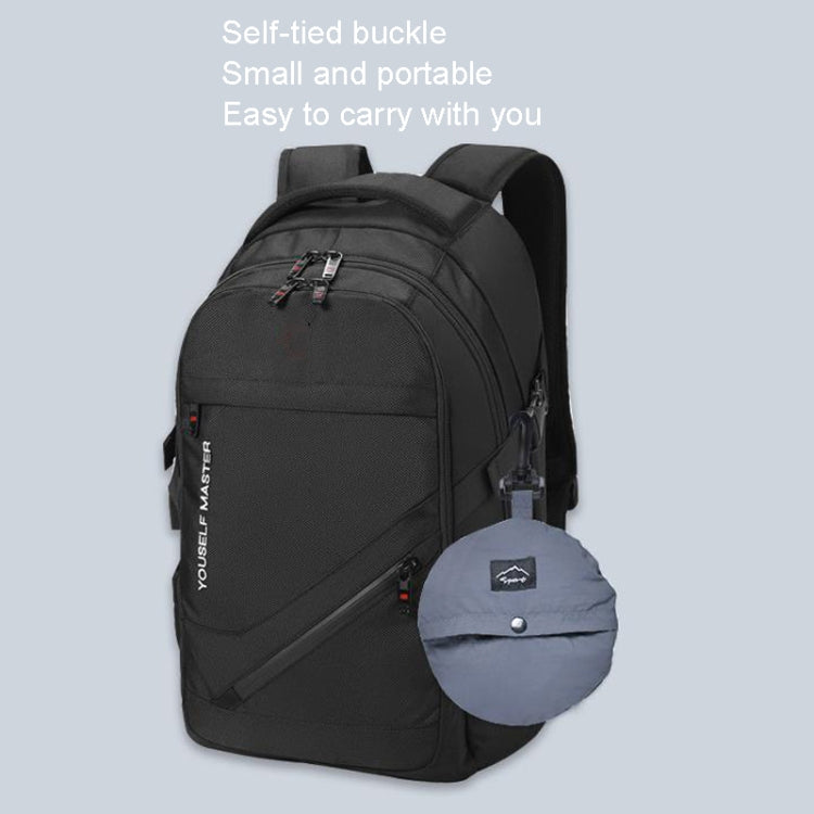 Small gray waterproof fisherman hat pouch attached to a black backpack