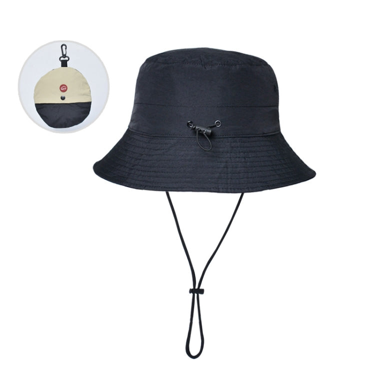 Black foldable bucket sun hat with chin strap and adjustable toggle cord