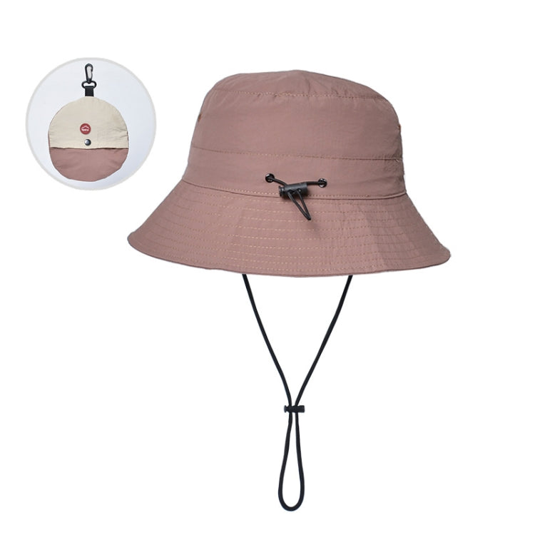 Rose brown foldable bucket sun hat with chin strap and black toggle cord