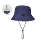 Navy foldable bucket sun hat with chin strap and black adjustable toggle cord
