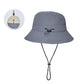 Gray foldable bucket sun hat with chin strap and black adjustable toggle cord