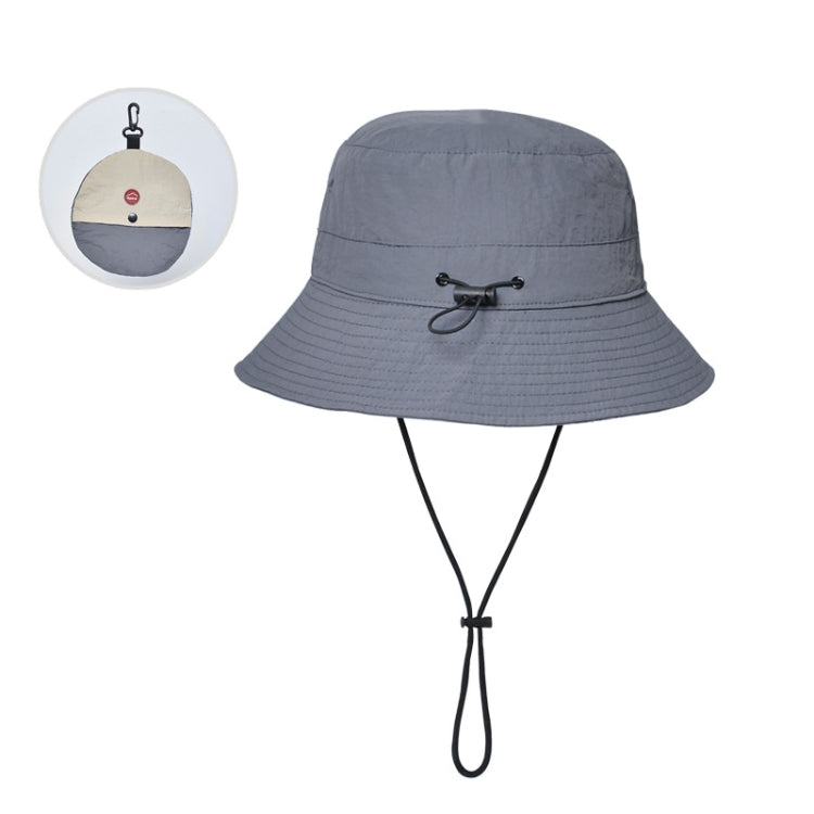 Gray foldable bucket sun hat with chin strap and black adjustable toggle cord
