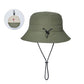 Army green foldable bucket sun hat with chin strap and black adjustable toggle cord
