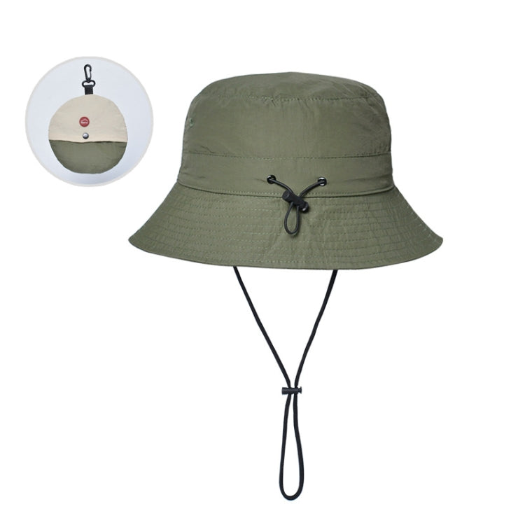 Army green foldable bucket sun hat with chin strap and black adjustable toggle cord