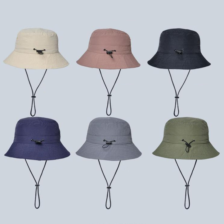 Assorted color foldable bucket sun hats with chin straps and black toggle cords