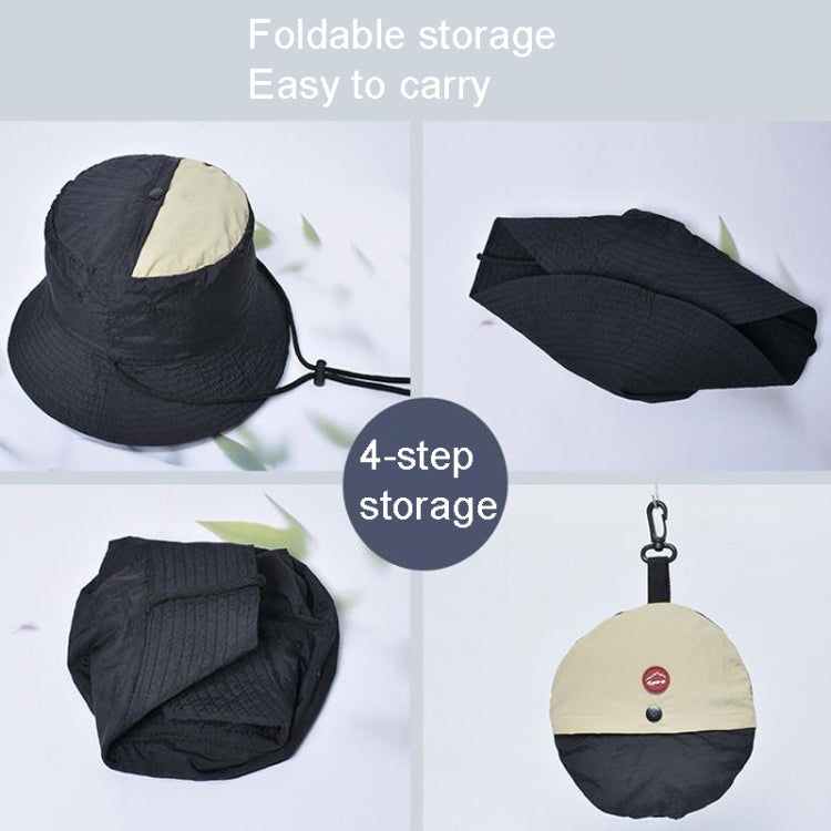 Foldable sun hat packed into round storage pouch with key ring