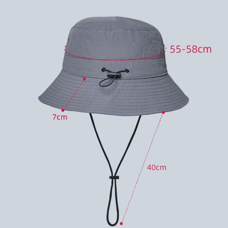 Gray foldable bucket sun hat with size measurements for brim and strap length