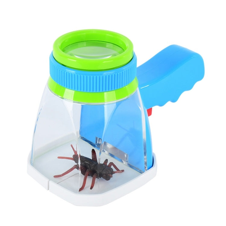 Blue and green child magnifying insect viewer with clear viewing chamber and handle