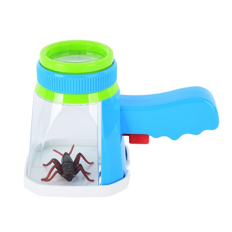 Blue handle magnifying insect viewer with clear chamber and green rim