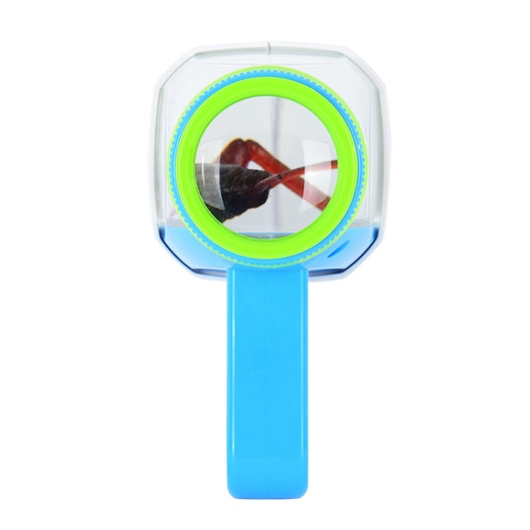 Octagonal magnifying glass lens with green ring on blue handle
