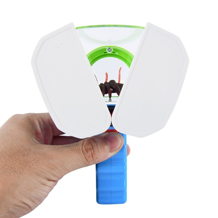 Handheld magnifier with blue handle and clear octagonal lens cover