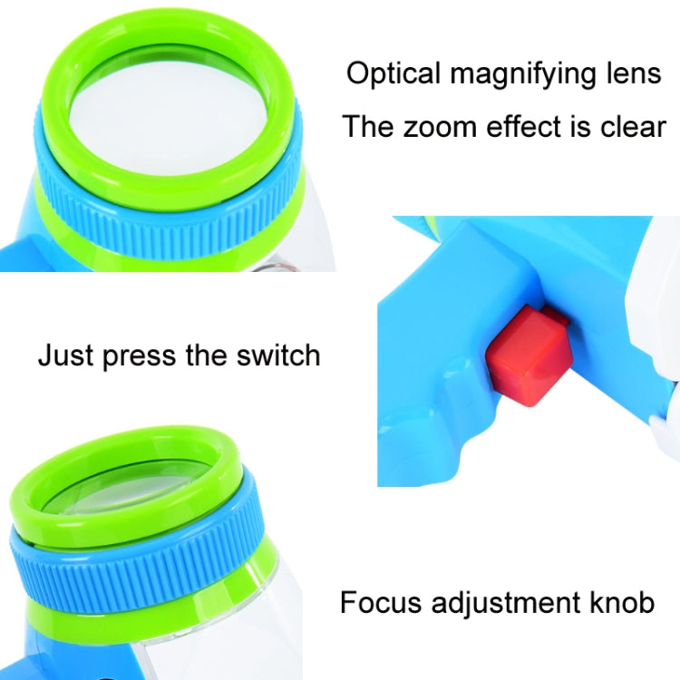 Green-rim magnifier head with focus knob and blue handle for optical zoom
