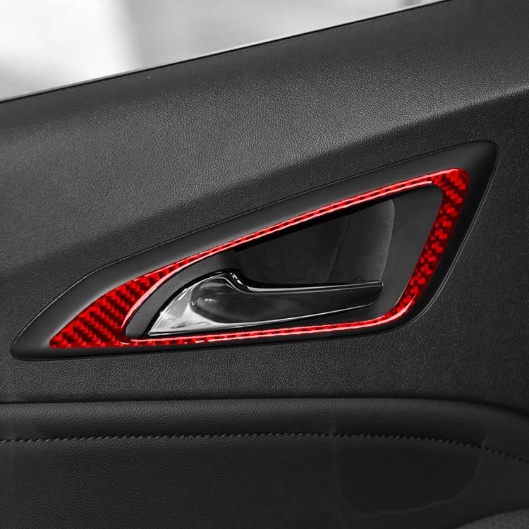 Red carbon-fiber interior door handle trim sticker on car door panel