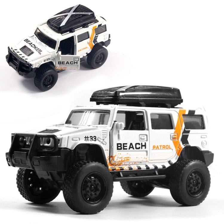 White off-road alloy toy car with open doors and black roof, large tires