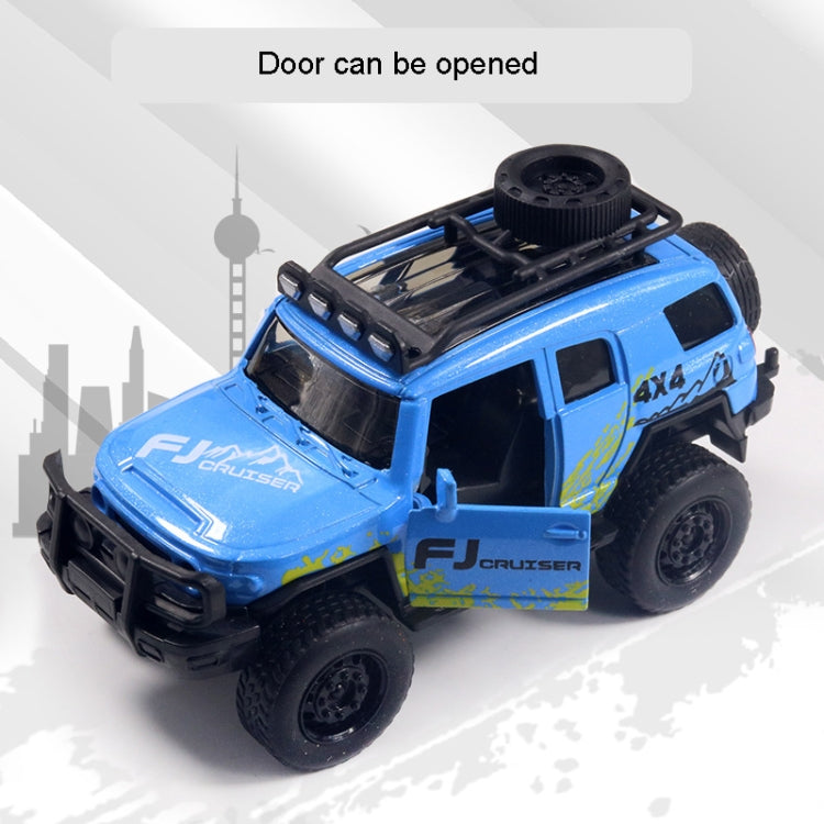 Blue off-road alloy toy car with open doors and roof-mounted spare tire