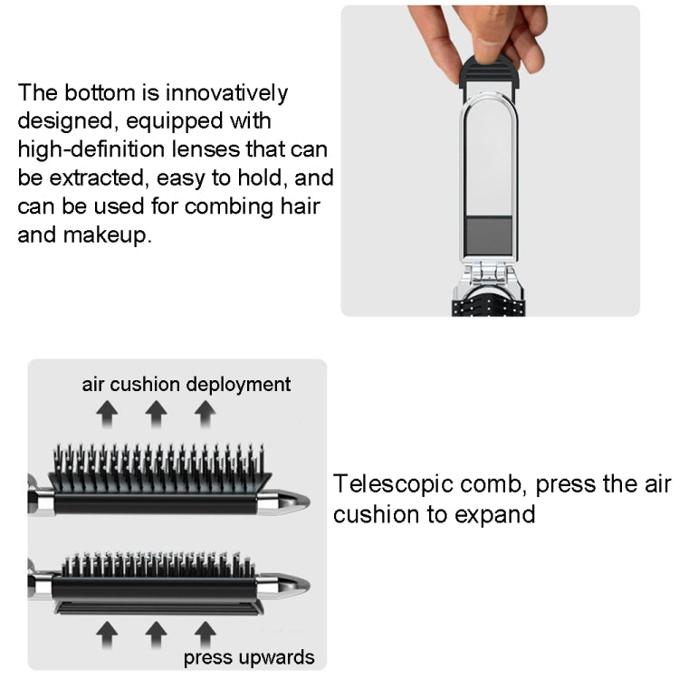 Foldable comb with mirror and telescopic air-cushion brushing base, black bristles