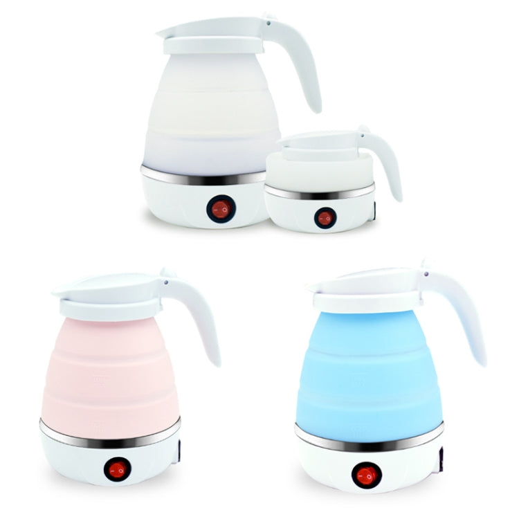 Portable folding electric silicone kettle shown in white, pink, and blue color options