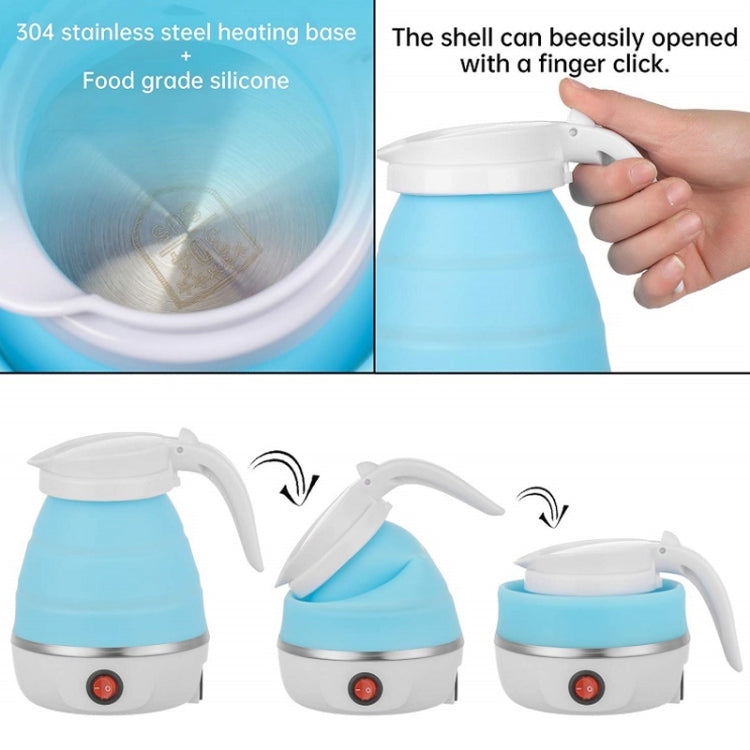 Blue folding silicone kettle with open top showing heating base and red indicator button
