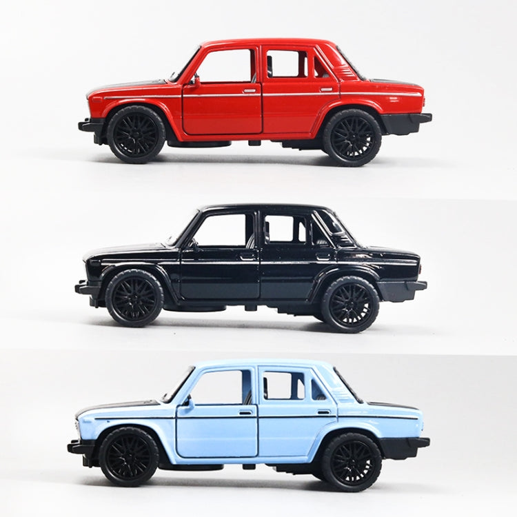 Assorted die-cast alloy car models in red, black, and light blue (side views)