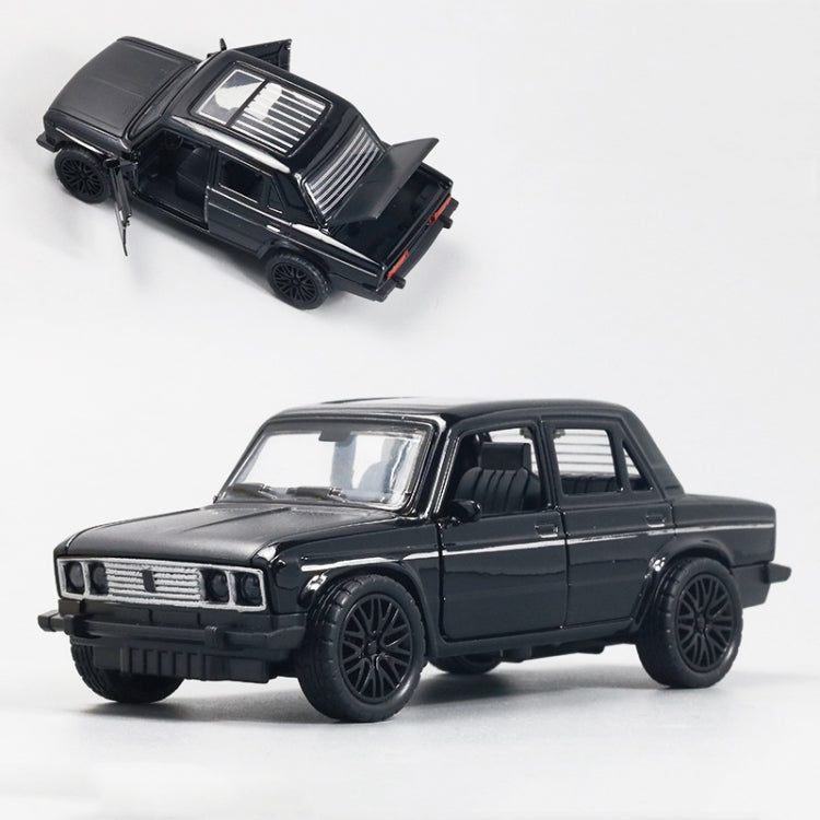 Black die-cast alloy car model toy with open door and dark wheels