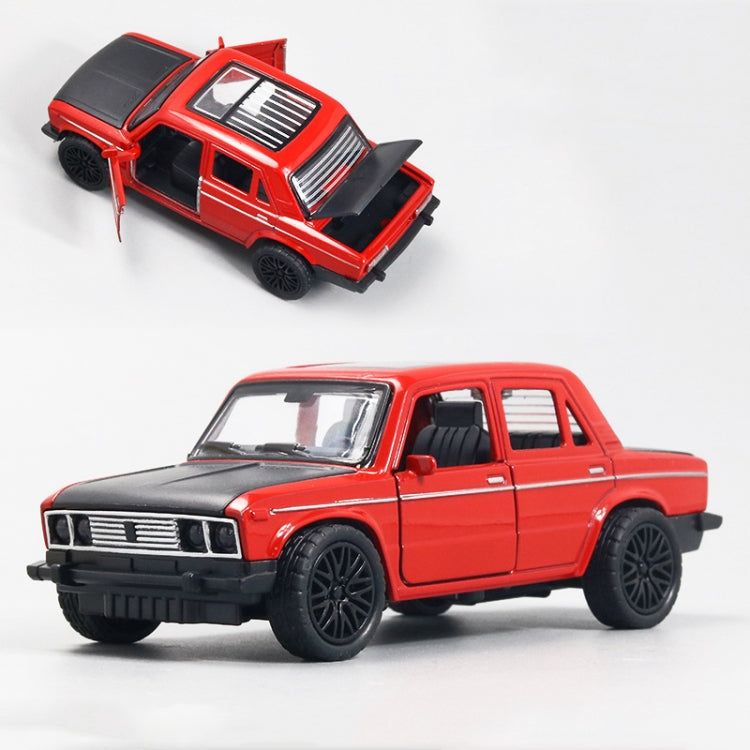 Red die-cast alloy car model toy with open door, side and front angles