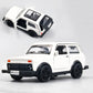 White die-cast alloy car model toy with open door and black wheels