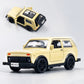 Yellow die-cast alloy car model toy with open door and black wheels