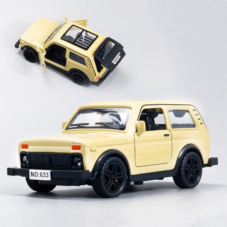 Yellow die-cast alloy car model toy with open door and black wheels