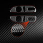 2-piece carbon-fiber seat button sticker set in black with highlighted woven texture detail