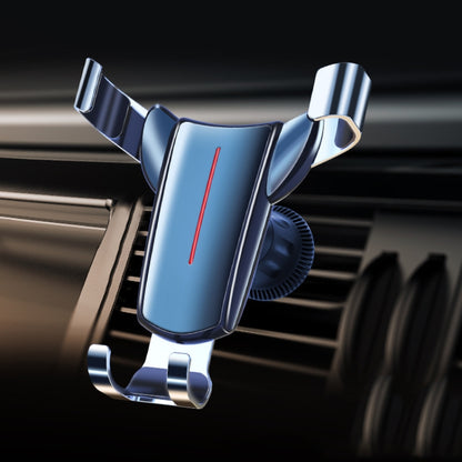 Car air vent phone holder with triangular gravity sensor cradle, blue body and silver clips